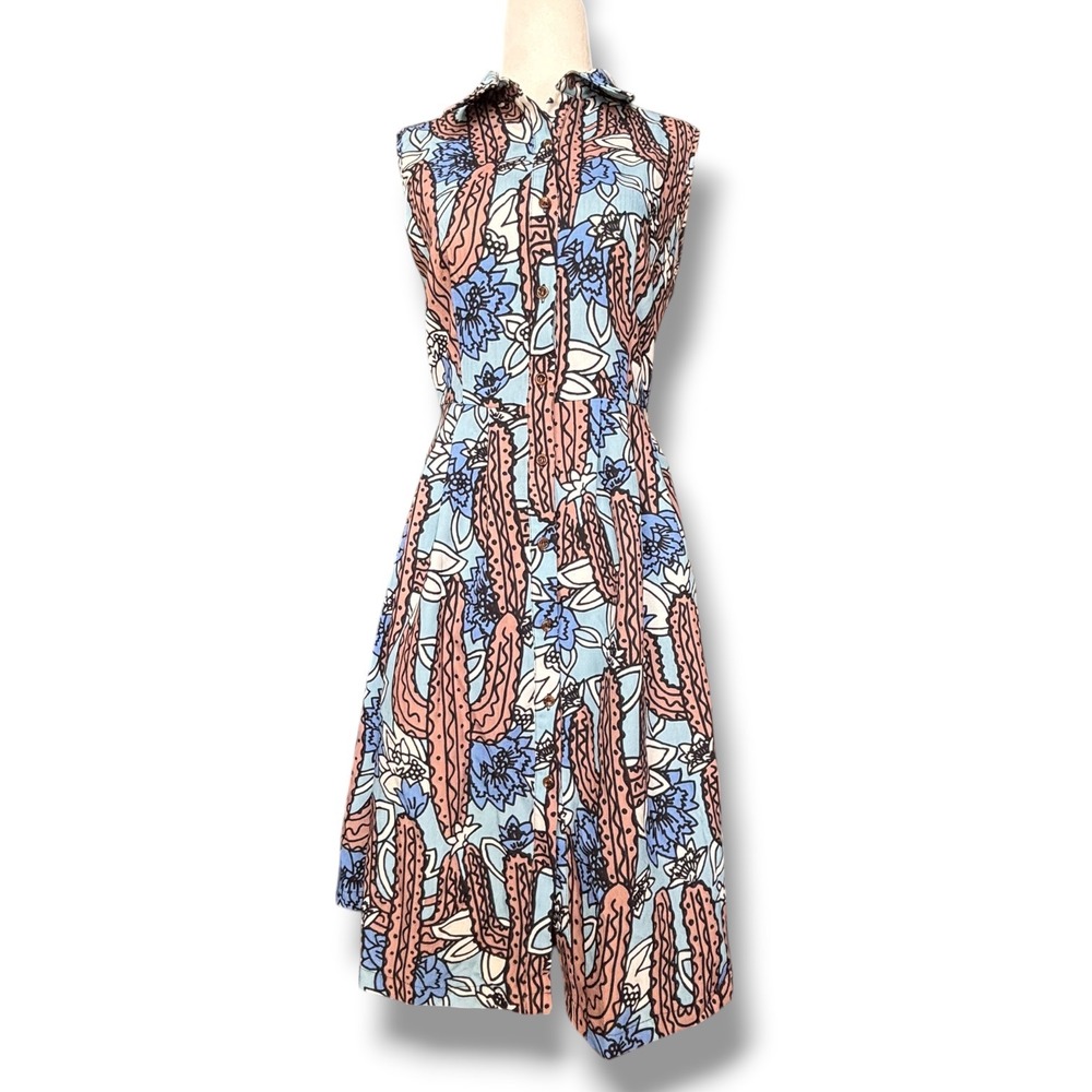 Frock Shop Cactus Print Midi Shirt Dress Blue Brown Desert Floral Sleeveless